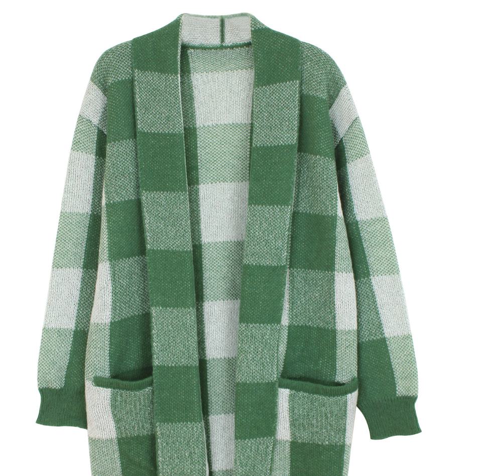 Womens Fashion Knitted Plaid Cardigan Green Plaid Sweater Coat